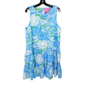 Lilly Pulitzer Trina Dress Floral Cotton L Sleeveless Lined Ruffle Frenchie Blue
